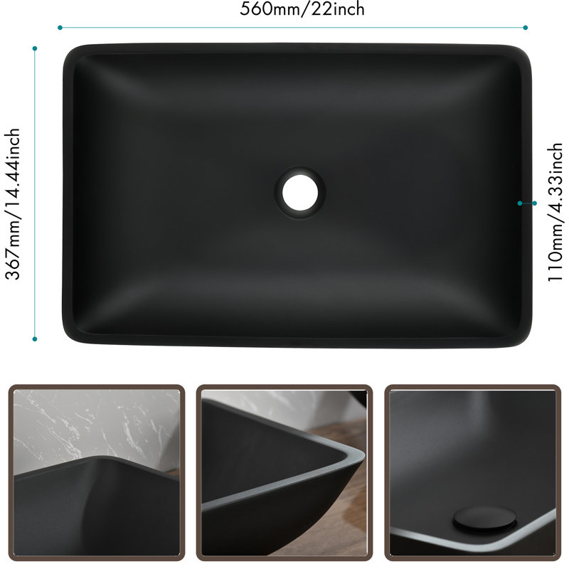 MONSFEST 14'' Glass Rectangular Bathroom Sink with Faucet, Matte Black, Matte Black