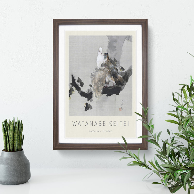 Pigeons in a Tree by Watanabe Seitei - Picture Frame Painting, Walnut, 36cm H x 27cm W x 2cm D