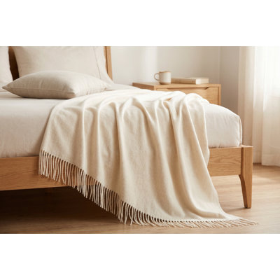 Plaid en maille imitation cachemire luxueuse avec franges, 127 x 152 cm, doux et confortable, blanc ivoire, décoratif pour canapé, lit ou sofa
