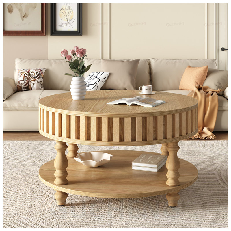Table basse à cannelures avec rangement Mid-Century, Naturel