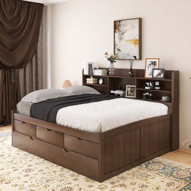 Wood Frame Full Captain Bed With Three Storage Drawers And Trundle, Antique Brown