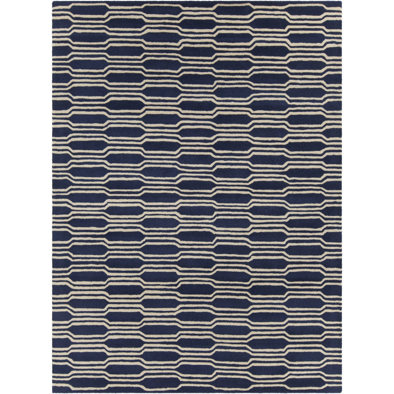 Tapis bleu marine et crème en laine touffeté à la main Preston Authentic, Rectangulaire 7 pi x 10 pi