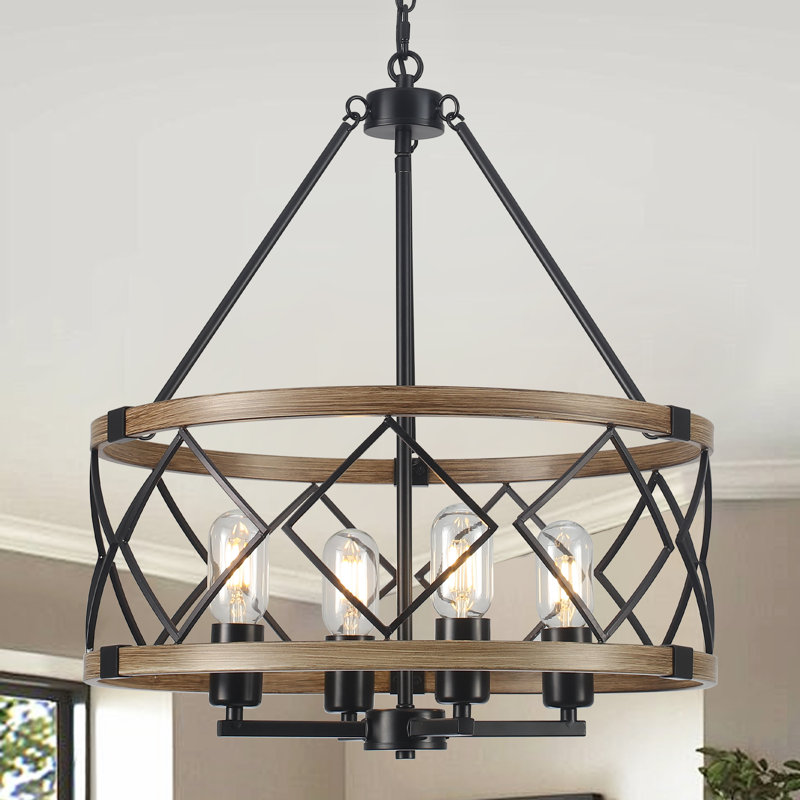 Lustre tambour en cage à 4 lumières Aukje, Noir / brun