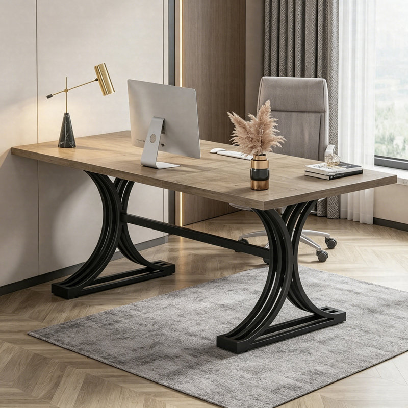 63" Modern Executive Computer Desk With Faux Marble Top And Gold Metal Legs, Gray