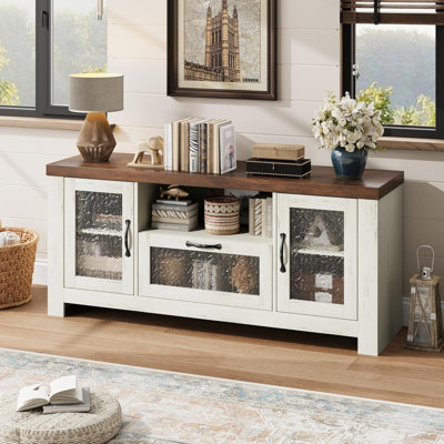 Meuble télé rustique pour téléviseur 65 pouces, centre de divertissement avec portes en acrylique et tablettes réglables, console de salon