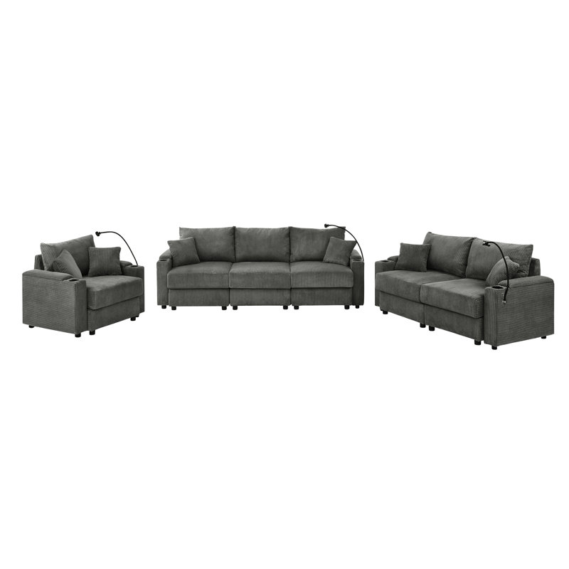 6 moderne avec rangement, gris. Canapé en velours côtelé, siège spacieux de 22,5 po, porte-gobelets et téléphone, mode pour le salon, velours côtelé gris. Avec une fabrication solide