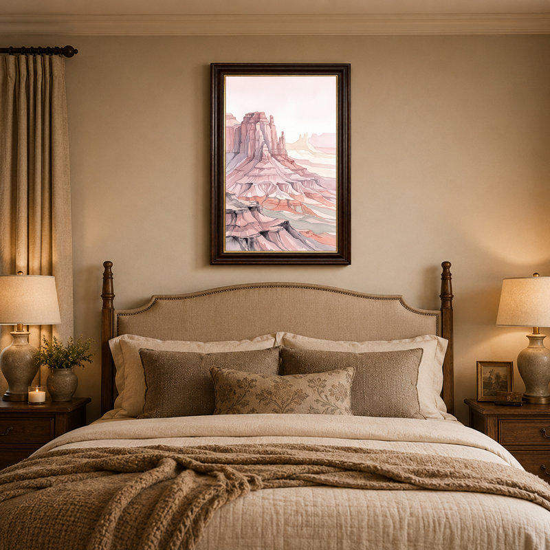 Rose, aquarelle, canyon, formation rocheuse, art mural, H 18 po x l 12 po