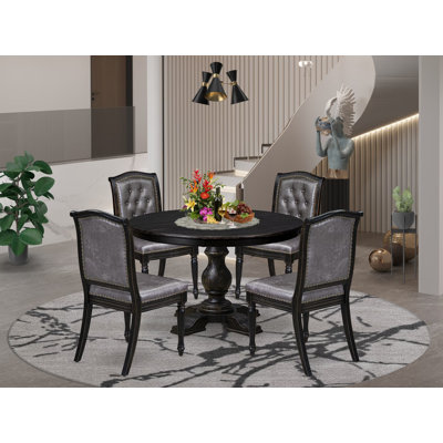 60CAF577F5B94EA2968F289DFD4B6B56 - 5-Pc Round Table and 4 Polyester Chair with Button Tufted Back, Sand Blasting Black