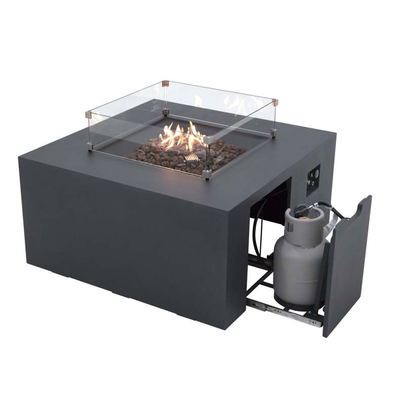Rocky 43" Outdoor Concrete Fire Table with Built-In Propane Tank Storage 45,000 BTU - Includes Lava Rocks & PVC Cover
