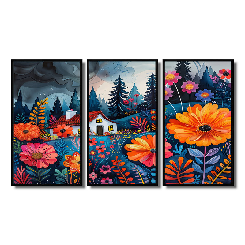 Ensemble de décorations murales fermières orange et bleues, H 28 po x l 12 po x P 1 po, Toile avec cadre flottant noir