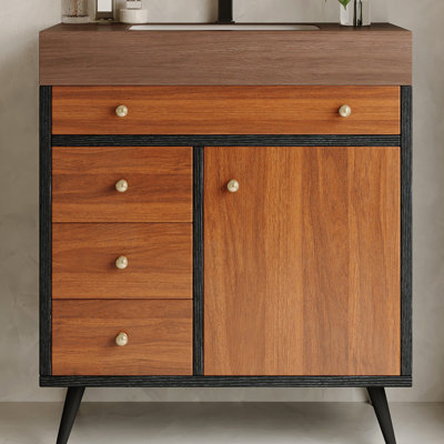 Meuble-lavabo 29,9 po avec lavabo en céramique, comptoir en pierre frittée, 1 porte à fermeture douce, 3 tiroirs, surface facile à nettoyer et peu d'entretien