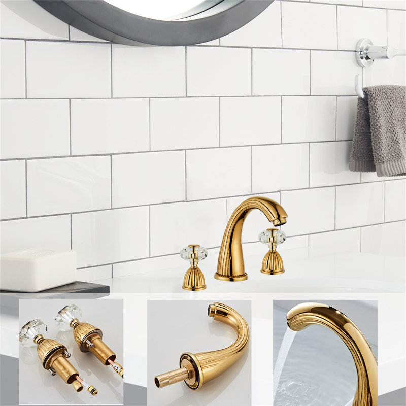 Chateau Antique Widespread Bathroom Faucet With Crystal Handles, Gold