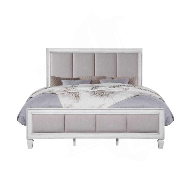 Lit Katia en lin gris clair, gris rustique et blanc vieilli, Grand lit
