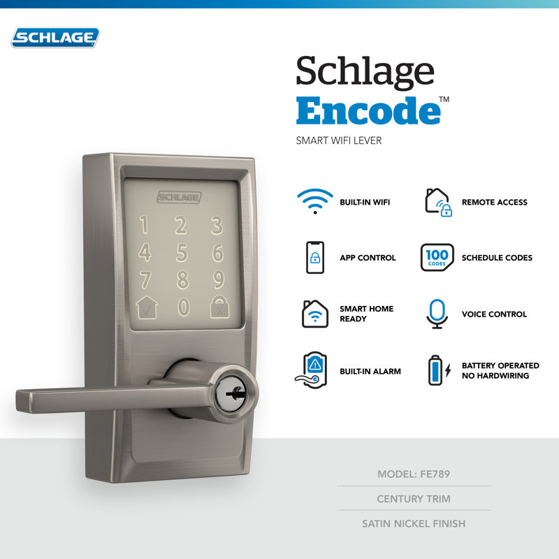 Encode Smart Wifi Lever With Latitude Lever And Century Trim, Satin Nickel