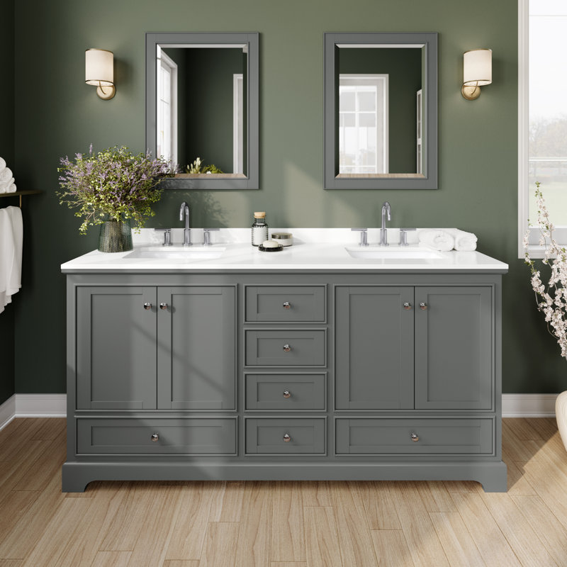 Meuble-lavabo double autoportant Deborah avec plateau en quartz, Chrome poli, WDX13591, Gris foncé
