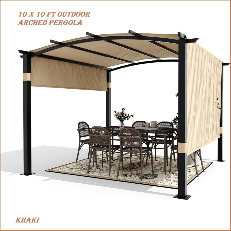 10 X 10 Ft Outdoor Arched Pergola, Metal Pergola With Retractable Canopy, Arched Style Gazebos For Backyard, Lawn, Patios