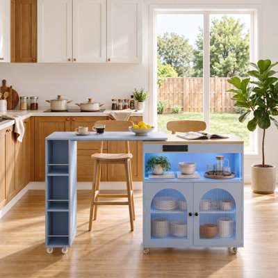 Îlot de cuisine moderne de 56,3 po de largeur avec table extensible, rangement, éclairage DEL et prises de courant