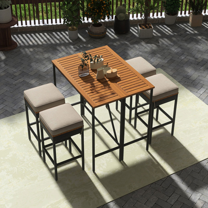 Ensemble bistro 5 pièces pour l'extérieur en bois d'acacia avec coussins