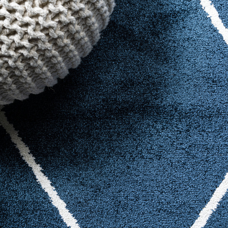 Bertrice Minimalist Diamond Trellis Navy/White Rug, Round 5'3"