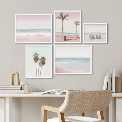 «Tropical Coconut Palm Trees By The Sea Coastal Ocean», art numérique moderne encadré sur papier, 5 pièces