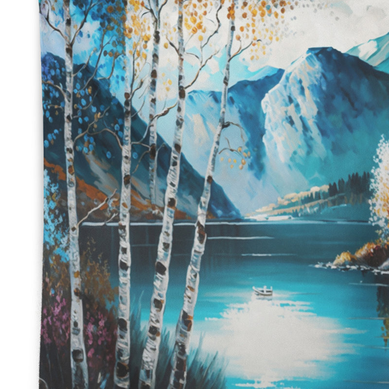 Cabane près d'un lac en automne II - Tapisserie murale maison de campagne, H 32 po x l 39 po