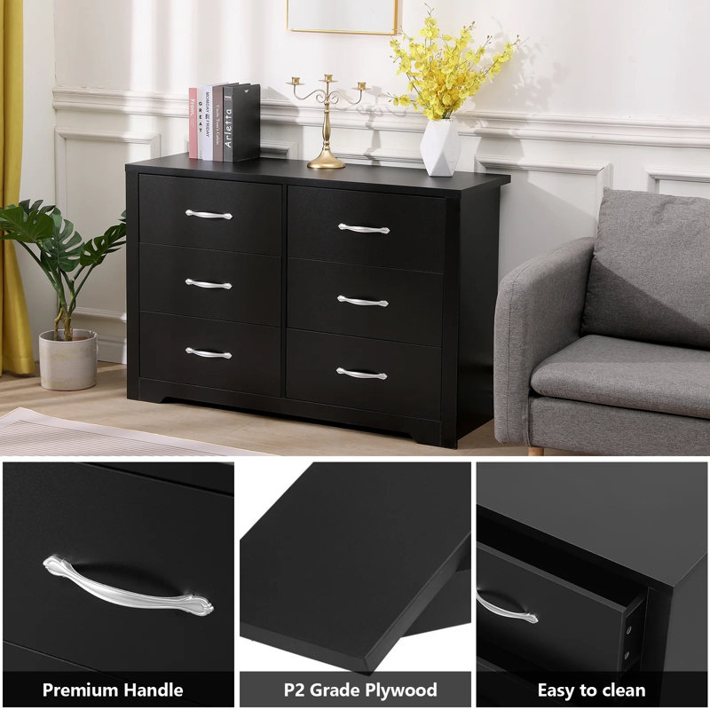 Commode 6 tiroirs pour chambre à coucher, finition noire