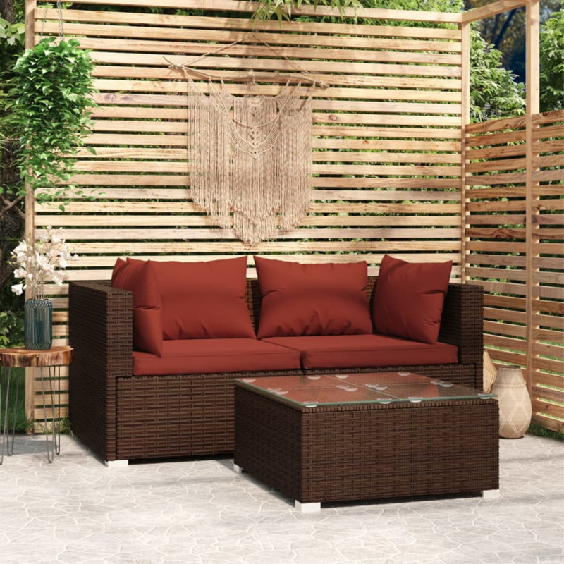 Ensemble de conversation modulaire en rotin 3 pièces avec coussins, Rouge cannelle, Brun