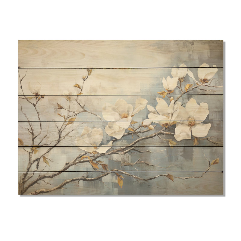 Magnolias en fleurs I - art mural en bois de magnolia sur bois de pin naturel, H 10 po x l 20 po