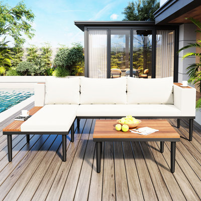 Élégant mobilier de patio beige avec table d'appoint et coussins amovibles, extérieur en forme de L pour la cour, le porche, le balcon, la terrasse ou le bord de la piscine, structure en fer et en bois, table basse à 6 coussins de luxe,
