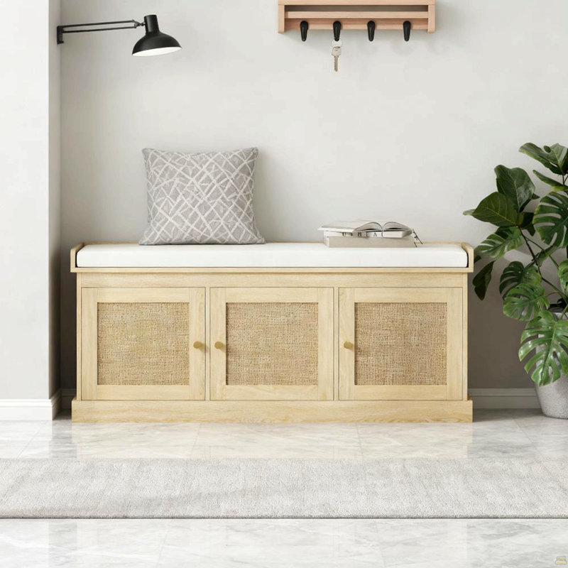 Banc de rangement pour chaussures avec portes en rotin tissé, banc pour chaussures, H 18,5 po x L 41,3 po x P 13,8 po, Brun