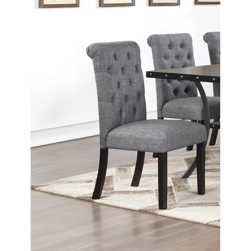 2 chaises de salle à manger en tissu gris anthracite, rembourrées avec un dossier pour le coussin en mousse de style transitionnel et un plateau roulé