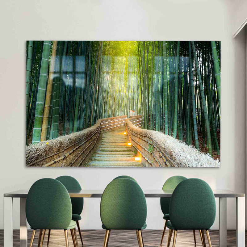 Tempered Glass Wall Art Featuring A Serene Kyoto Green Landscape And Forest Scenery Perfect For Nature-Inspired Home Decor