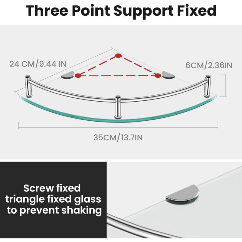 Tempered Glass Corner Shower Shelf with Stainless Steel Rail