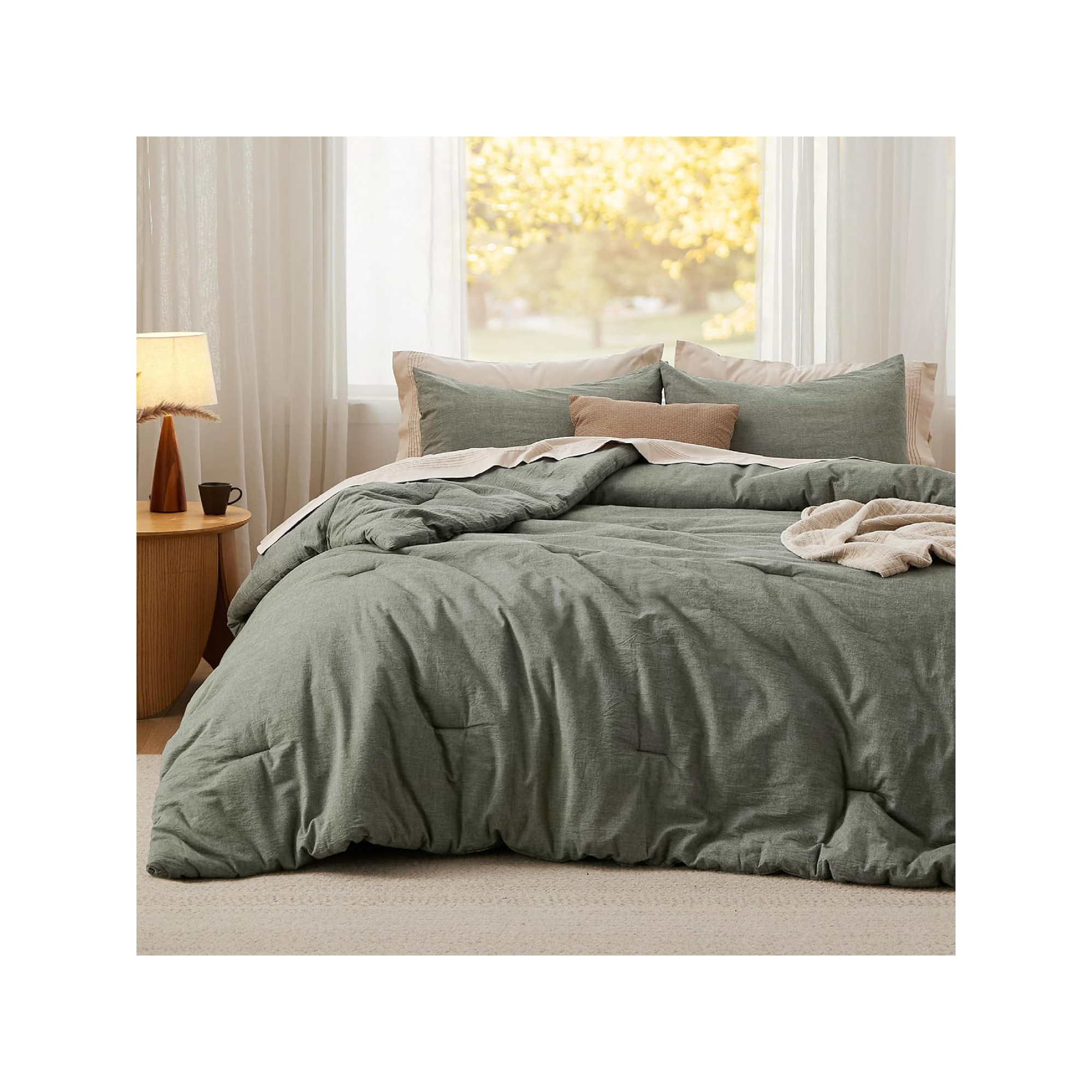 Bedsure Pre-washed Comforter Set with 100% Cotton Outer Covert,  143TC, Queen Comforter + 2 Additional Pieces, Bronze Green
