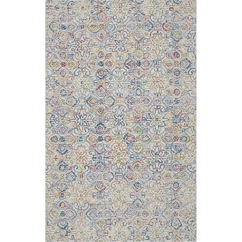 Cross Stitch Floral Hand Tufted Wool Area Rug in Cream/Blue/Red, Rectangle 5' x 8'