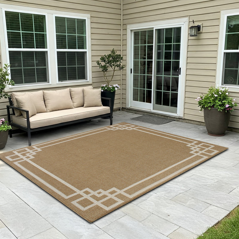 Tapis d'extérieur à motif géométrique à tissage de bordure, léger et portable 5 x 7 pi