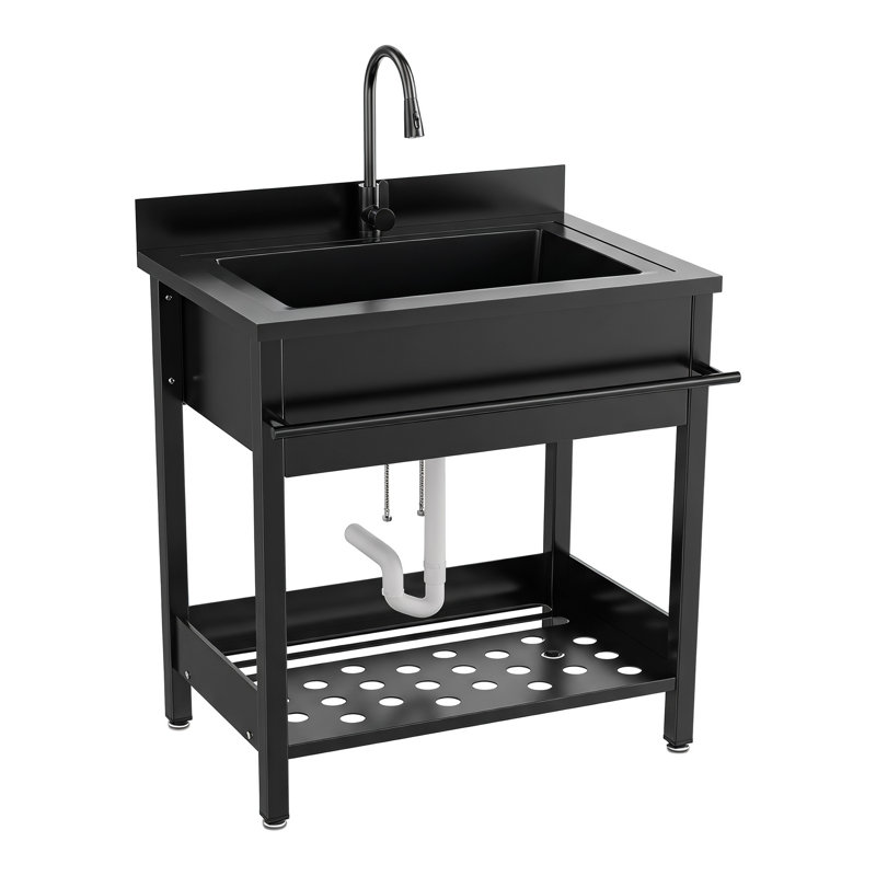 Évier utilitaire autoportant de 76 cm (30 po) avec robinet extractible, en acier inoxydable 304, avec cuve profonde, étagère de rangement et kit de vidange inclus. Station de lavage robuste pour buanderie, garage et atelier.