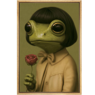 Whimsical Frog Portrait with Rose Surreal Animal Art Framed Canvas Master Bedroom Wall Art Work Print