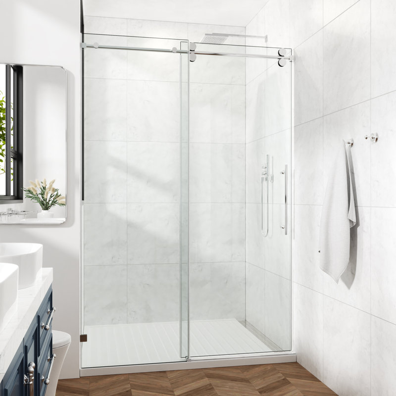 56-61" W x 76" H Frameless Single Sliding Shower Door with 3/8" Clear Tempered Glass - Round Top Rail, Chrome