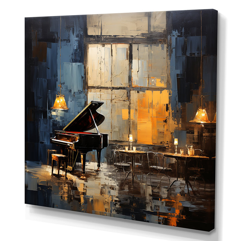 Jaune et gris Grand Piano Jazz Cafe IV - Piano, art mural, Toile tendue, H 30 po x l 30 po x P 1,5 po