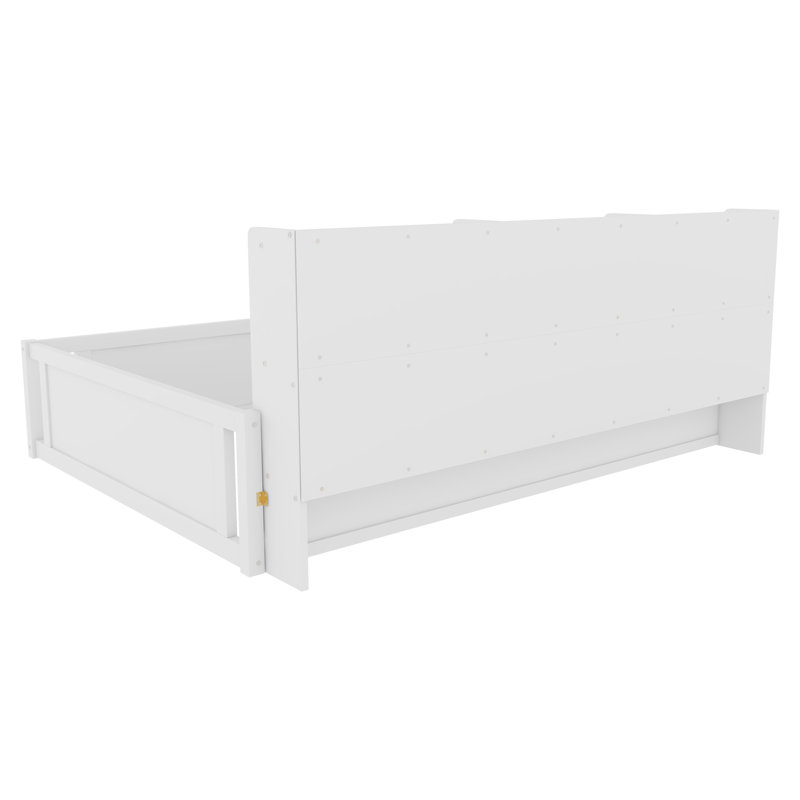 Lit double sur pied en bois avec tablettes de rangement pour enfants, Lit double, Blanc