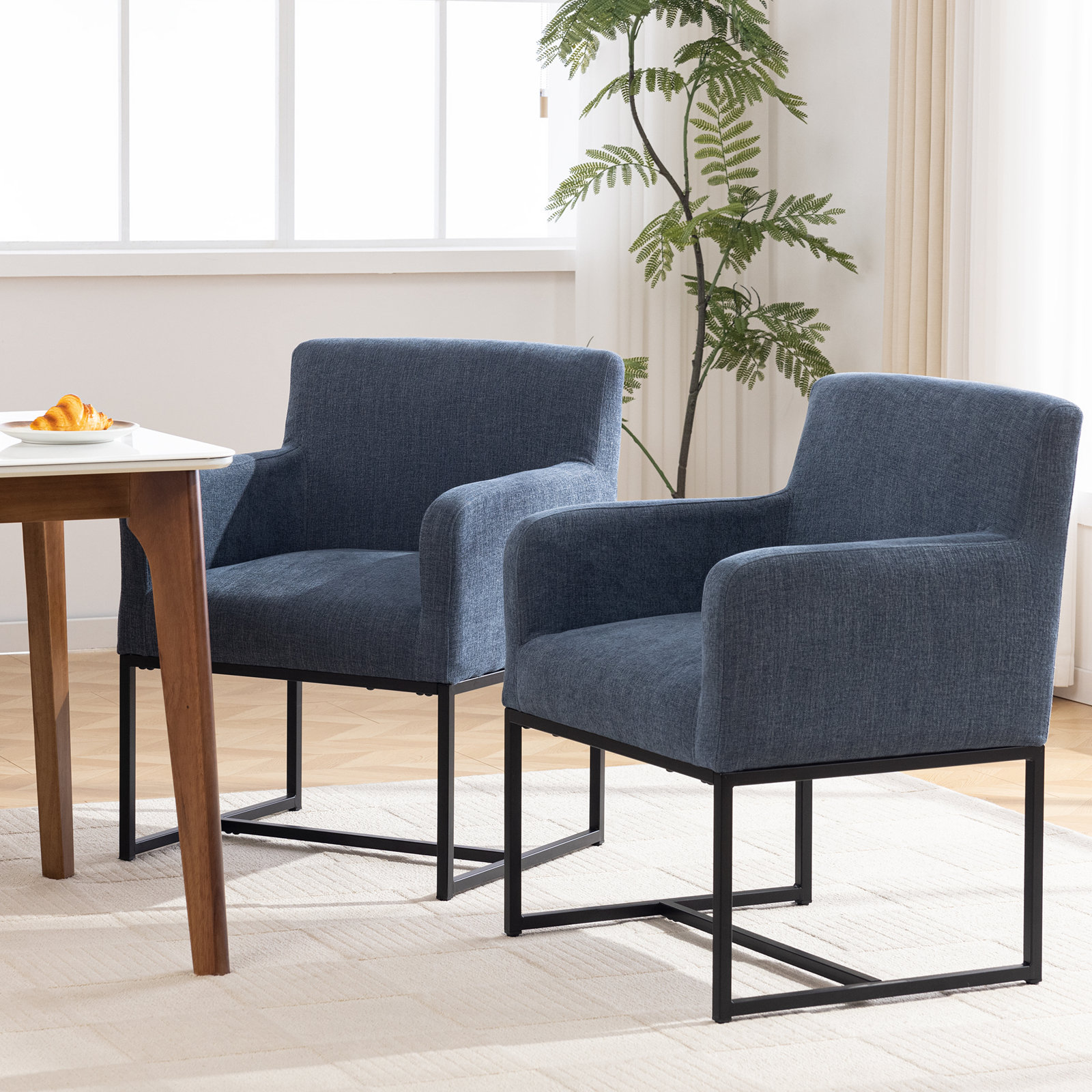 19"H Upholstered Armchair with Metal Base, NavyBlue