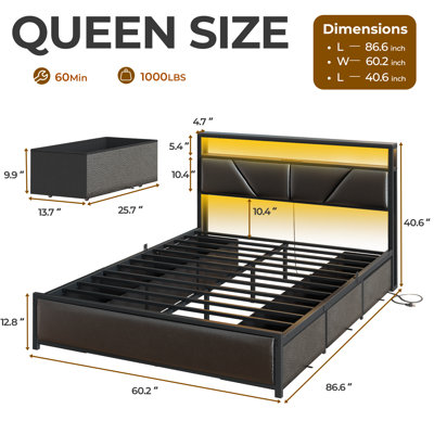 Queen Bed Frame with 6 Underbed Drawers and Open Storage Headboard, Upholstered Platform Bed with Adjustable LED Light and Charging Station, No Box Spring Needed