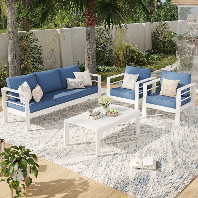 5 - Person Patio Conversation Set with Cushions, White Frame, Blue
