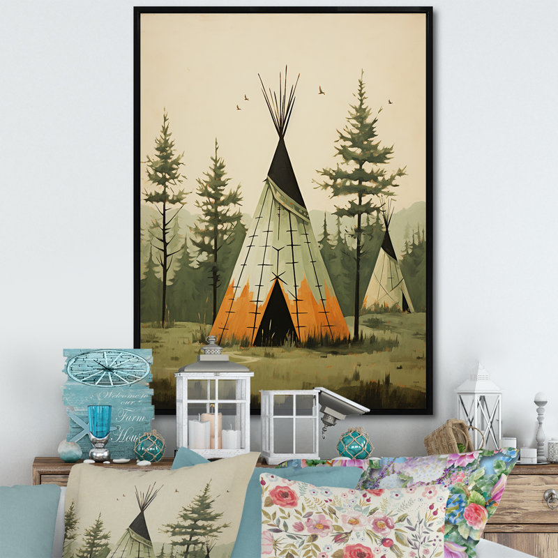 Green Native Tipi Serenity In Nature II - Native American Wall Art Prints, H 40 po x l 30 po x P 1,5 po, Cadre flottant noir