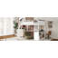 Grand lit mezzanine fonctionnel avec bureau d'étude, tablettes de rangement ouvertes, boîte de rangement externe et système de chargement USB, blanc
