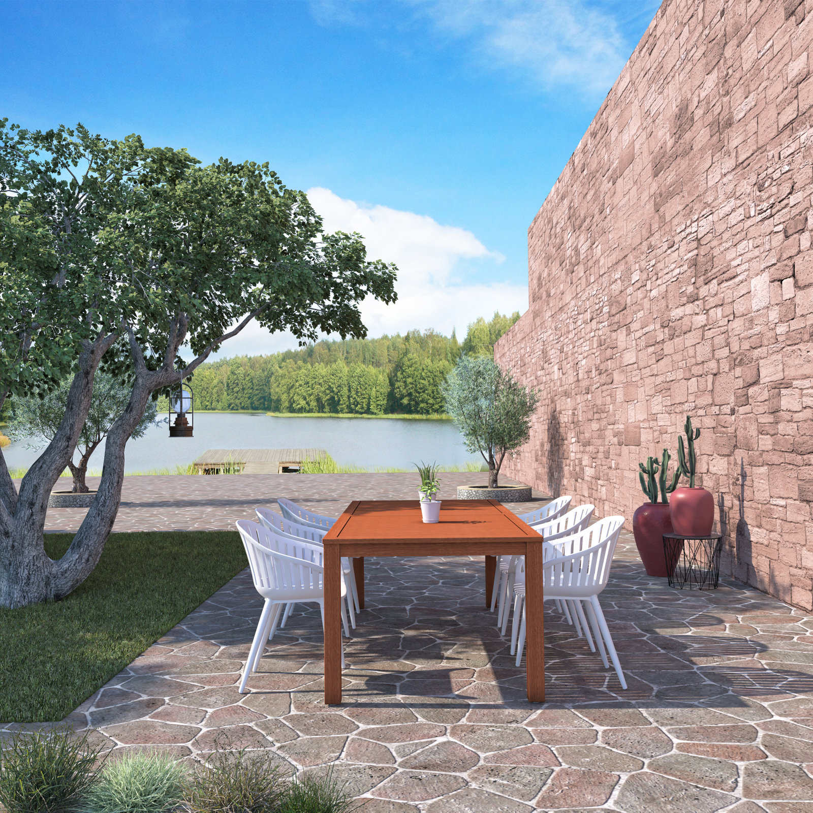 Anautica 88" Eucalyptus Patio Dining Set, White