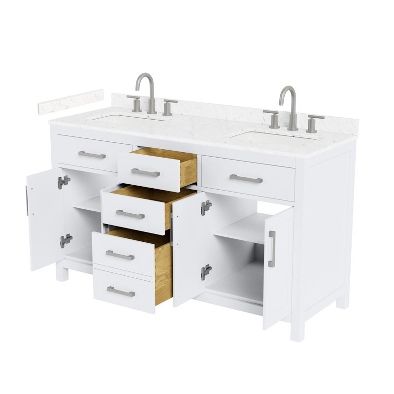 Meuble-lavabo double de 60 po Beckett en blanc, comptoir en marbre de culture de Carrare, lavabos carrés encastrés (3 trous), garniture en nickel brossé