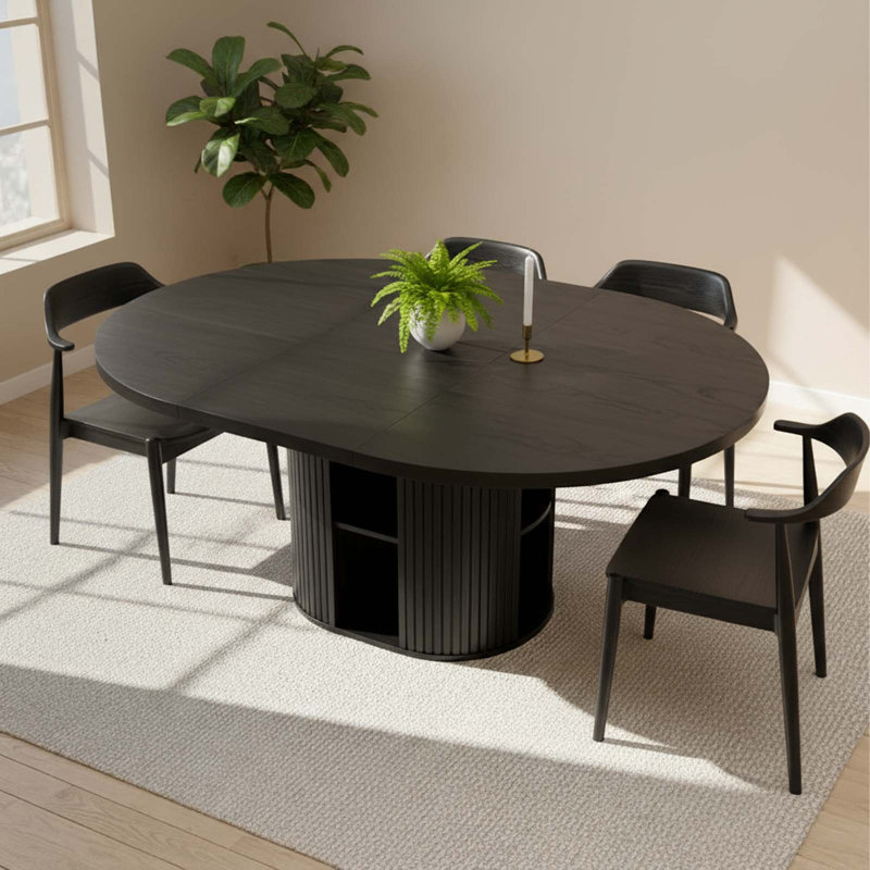 Table de salle à manger ronde extensible de 43,3 po à 59 po pour 4 à 8 personnes, table de salle à manger extensible encastrée moderne avec tablette de rangement