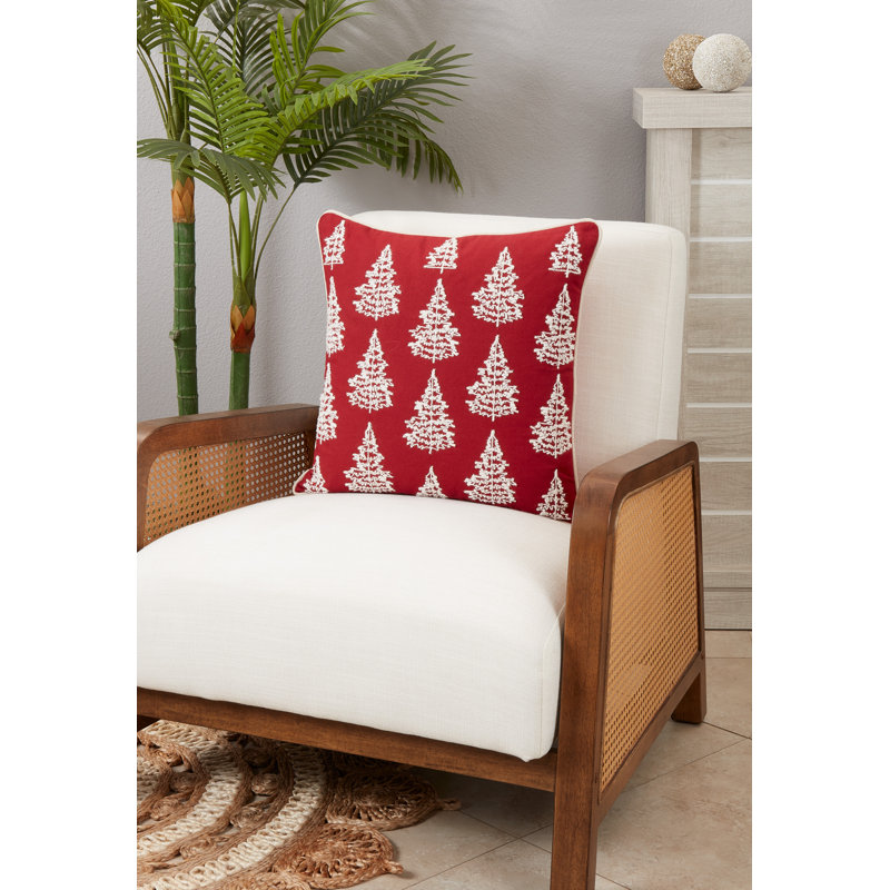 Red and White Cotton Christmas Tree Pillow Cover, 18"